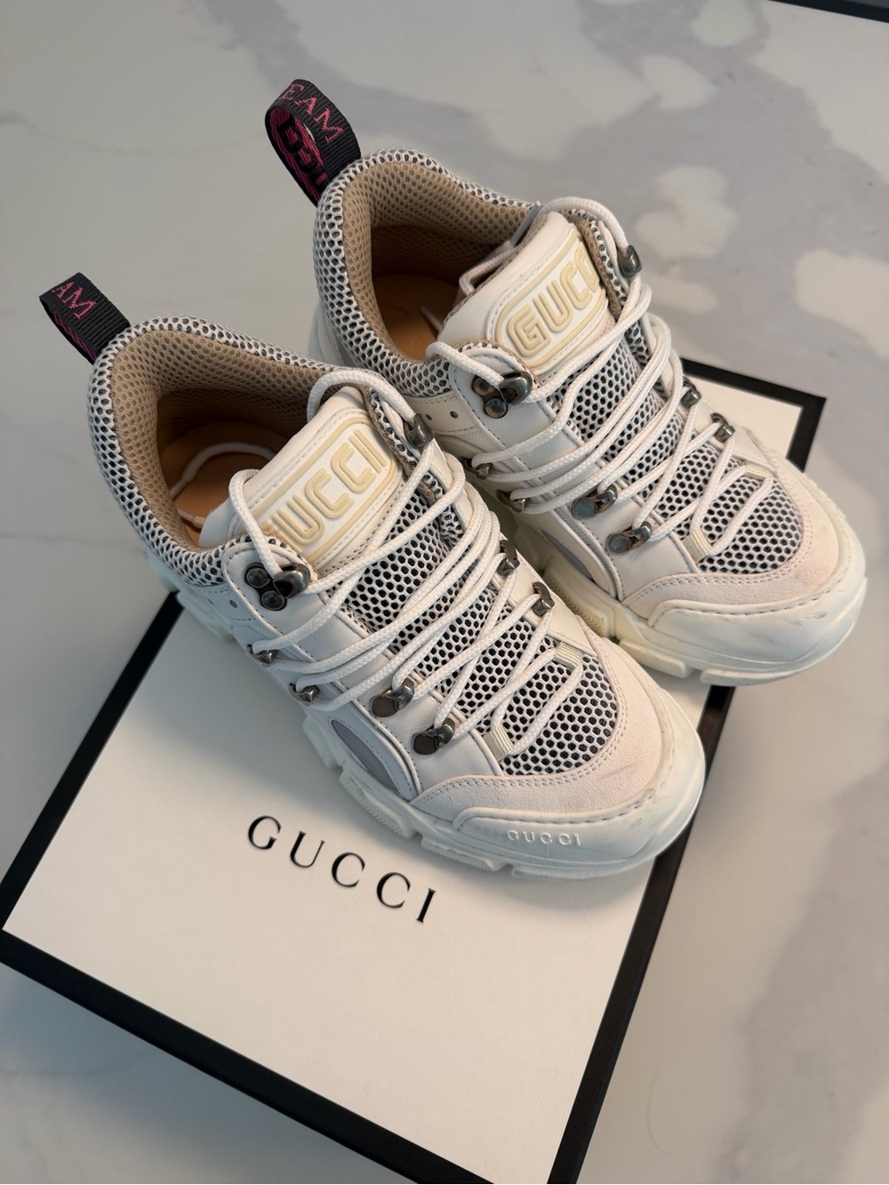 Gucci Flasktrek White and Cream Chunky Mesh Leather Sneakers Size 37 Unisex - Picture 12 of 12